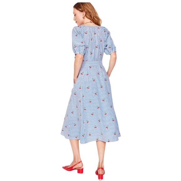 Boden NWT Bria Blue Striped Seersucker Cherry Embroidered A-Line Midi Dress - Picture 4 of 14